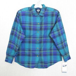 Dockers Button-Up Shirt Womens Petite PL Long Sleeve Plaid Blue Cotton Collared